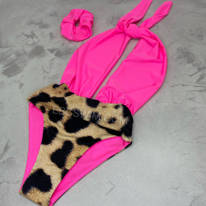 Backless plunge swimsuit - SELECT PRINT (pictured flo pink+natural leopard)